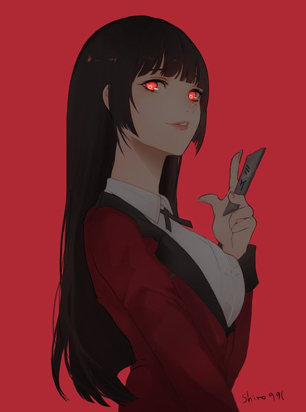 Anime picture 1000x1346 with kakegurui jabami yumeko shino (mufn5785) single long hair tall image looking at viewer fringe black hair simple background red eyes signed payot upper body blunt bangs parted lips lipstick glowing glowing eye (eyes) red background