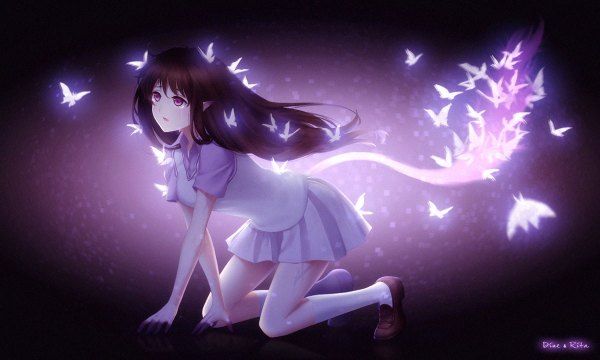 Anime picture 1200x720 with noragami studio bones iki hiyori dine&rita single long hair fringe breasts open mouth simple background brown hair wide image purple eyes signed looking away full body bent knee (knees) tail pleated skirt wind