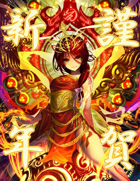 Anime picture 778x1000 with original tech chimera single long hair tall image looking at viewer fringe smile red hair traditional clothes legs magic chinese clothes bodypaint girl bow ribbon (ribbons) hair bow hair ribbon fire