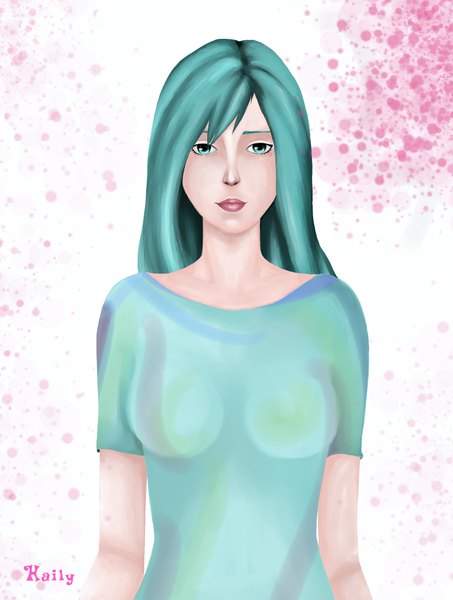 Anime picture 1631x2160 with original haily single long hair tall image looking at viewer fringe breasts simple background standing white background signed upper body aqua eyes lips aqua hair short sleeves girl t-shirt