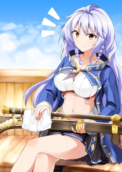 Anime picture 627x885 with granblue fantasy silva (granblue fantasy) zocie single long hair tall image looking at viewer fringe smile hair between eyes sitting holding brown eyes sky purple hair cloud (clouds) outdoors braid (braids) head tilt open clothes