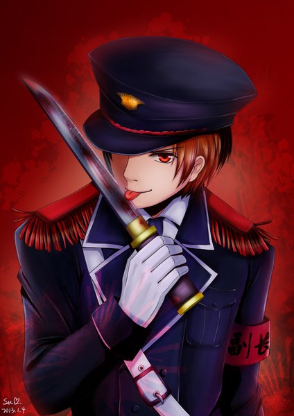 Anime picture 2480x3507 with gintama sunrise (studio) okita sougo single tall image looking at viewer highres short hair brown hair red background boy uniform weapon tongue blood military uniform knife peaked cap dagger