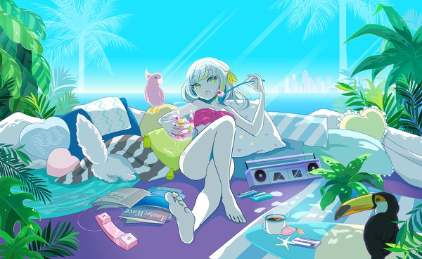 Anime picture 1200x736 with original reo spikee single looking at viewer short hair open mouth light erotic wide image sitting bare shoulders green eyes sky bent knee (knees) white hair barefoot bare legs city cityscape pale skin silhouette