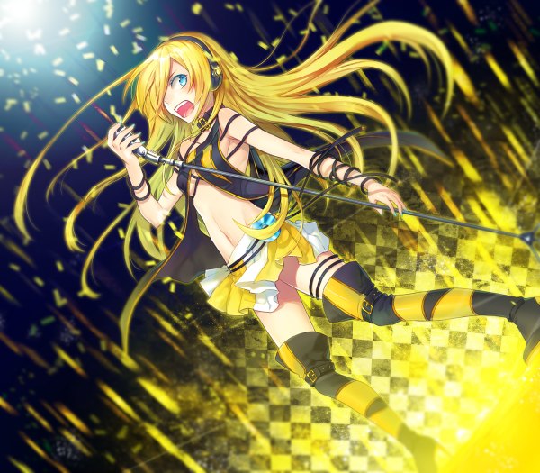 Anime picture 1200x1050 with vocaloid rolling girl (vocaloid) lily (vocaloid) renta (deja-vu) long hair fringe open mouth blue eyes blonde hair nail polish hair over one eye rhombus girl headphones thigh boots microphone microphone stand