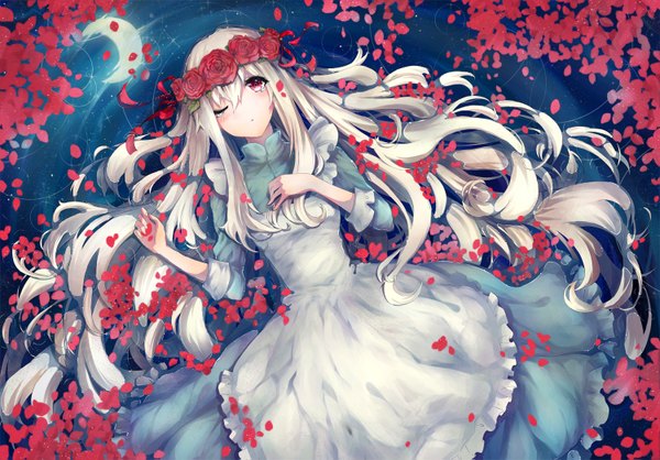 Anime picture 1500x1047 with kagerou project shaft (studio) mary (kagerou project) teka single long hair looking at viewer blush fringe red eyes white hair lying hair flower from above on back tears hand on chest reflection wavy hair girl