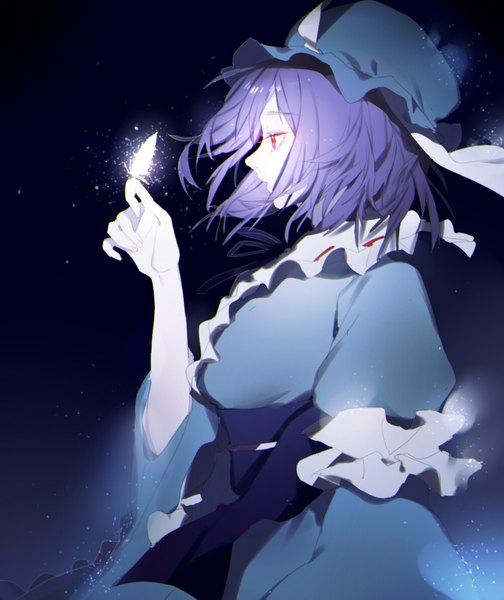 Anime picture 1000x1189 with touhou saigyouji yuyuko tian (my dear) single tall image short hair simple background purple hair profile pink eyes wind black background butterfly on hand girl dress insect butterfly bonnet blue dress triangular headpiece