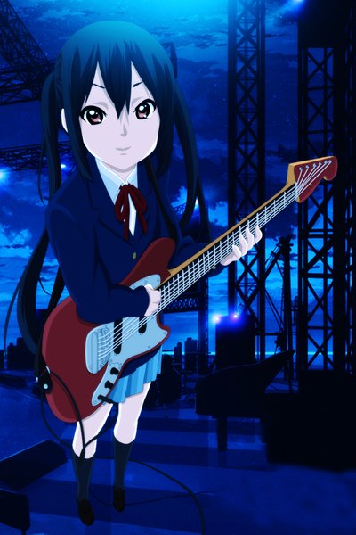 Anime picture 1145x1715 with k-on! kyoto animation nakano azusa single long hair tall image looking at viewer black hair smile twintails brown eyes cloud (clouds) night night sky girl skirt uniform school uniform socks black socks