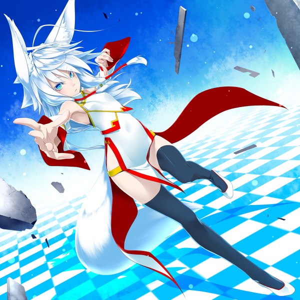 Anime picture 1960x1960 with original mitsuha (kenntairui) kentairui single long hair highres blue eyes light erotic standing bare shoulders animal ears bent knee (knees) white hair tail traditional clothes animal tail wide sleeves fox ears outstretched arm fox tail