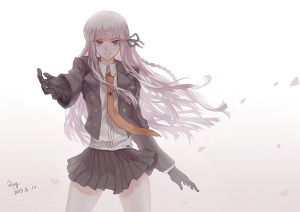 Anime picture 2338x1653 with dangan ronpa kirigiri kyouko qing heshang single long hair looking at viewer highres simple background purple eyes signed purple hair blunt bangs braid (braids) pleated skirt wind gradient background dated side braid outstretched hand girl