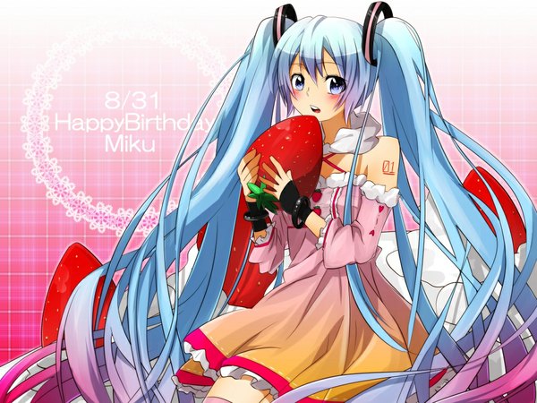 Anime picture 1024x768 with vocaloid hatsune miku sakuragi ren single looking at viewer fringe open mouth blue eyes hair between eyes twintails holding blue hair pink hair very long hair tattoo alternate costume gradient background happy birthday girl dress