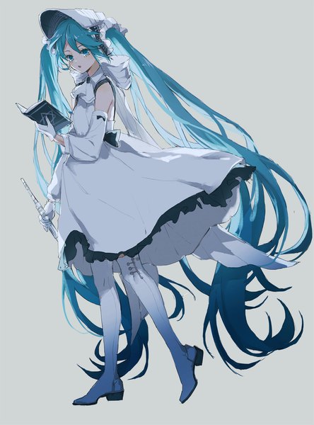 Anime picture 1559x2107 with vocaloid hatsune miku yuki miku michiki kokuyou single tall image looking at viewer fringe open mouth simple background hair between eyes twintails bare shoulders holding payot full body very long hair aqua eyes aqua hair grey background