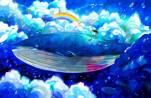 Anime picture 1100x716 with original nomiya (no 38) long hair black hair sitting sky cloud (clouds) girl water serafuku fish (fishes) teddy bear rainbow whale