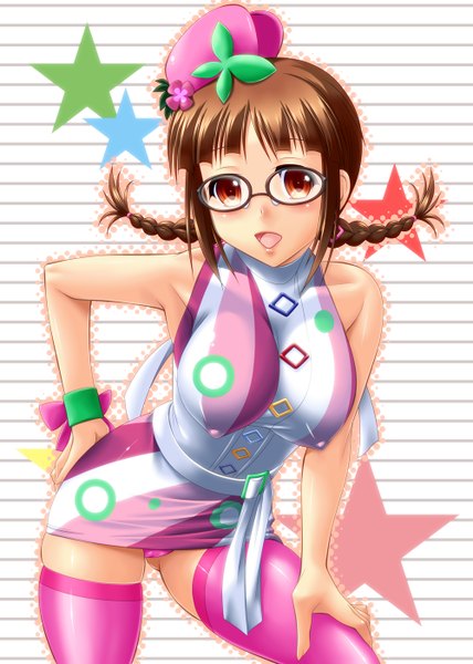 Anime picture 1000x1400 with idolmaster idolmaster (classic) akizuki ritsuko ayato single long hair tall image breasts open mouth light erotic red eyes brown hair large breasts braid (braids) twin braids princess melody (idolmaster) girl thighhighs hair ornament glasses