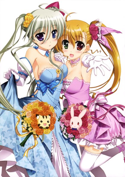 Anime picture 2883x4101 with mahou shoujo lyrical nanoha takamachi vivio einhart stratos fujima takuya long hair tall image looking at viewer blush highres blonde hair white background twintails multiple girls white hair hair flower scan heterochromia girl thighhighs dress