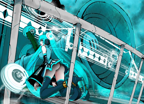 イラスト 1755x1275 と ボーカロイド 初音ミク gunsonicrevolver ソロ 長髪 highres light erotic ツインテール 尻 looking back aqua eyes aqua hair 女の子 ストッキング 下着 パンティー 袖だけ ヘッドフォン 長靴 megaphone