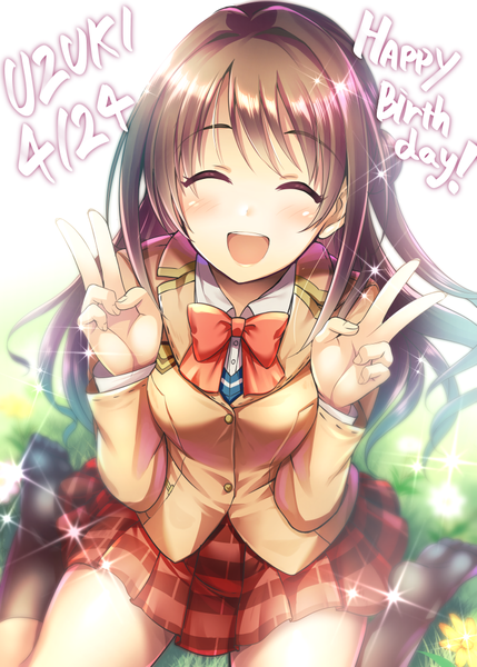 Anime picture 733x1025 with idolmaster idolmaster cinderella girls shimamura uzuki ment single long hair tall image blush open mouth brown hair sitting eyes closed from above sparkle wariza victory ^ ^ happy birthday girl uniform