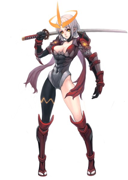 Anime picture 1240x1748 with original fkey single tall image looking at viewer highres short hair breasts light erotic simple background standing white background yellow eyes cleavage white hair girl weapon sword shoes armor