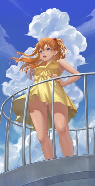 Anime picture 3911x7652 with neon genesis evangelion gainax soryu asuka langley yj (yojo san) single long hair tall image looking at viewer blush fringe highres breasts open mouth blue eyes light erotic hair between eyes bare shoulders absurdres sky cloud (clouds)