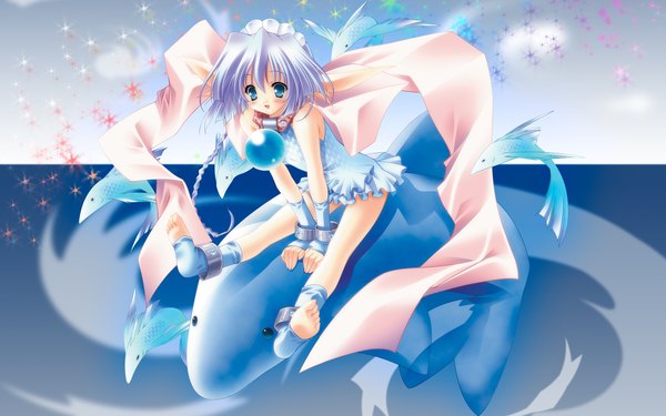 Anime picture 1920x1200 with moldavite nina fromm carnelian single blush highres short hair open mouth blue eyes wide image sitting bare shoulders purple hair wallpaper girl dress detached sleeves headdress maid headdress toes