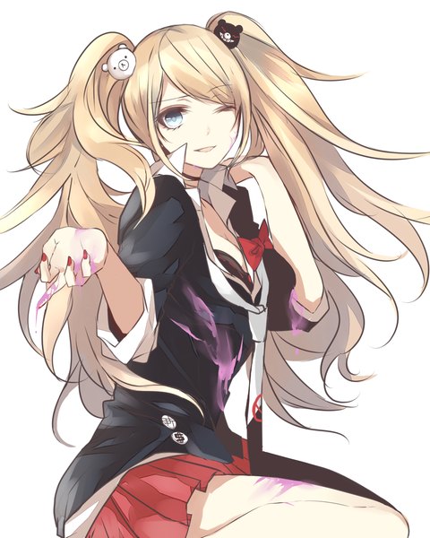 Anime picture 1200x1500 with dangan ronpa enoshima junko haru (haru2079) single long hair tall image looking at viewer open mouth blue eyes simple background blonde hair white background twintails nail polish pleated skirt one eye closed wink red nail polish girl skirt