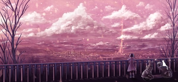 Anime picture 1820x840 with bounin highres short hair black hair brown hair wide image sky cloud (clouds) from behind back city light rain pink background panorama plant (plants) tree (trees) cat fence bridge