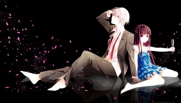 Anime picture 3600x2050 with inu x boku ss david production shirakiin ririchiyo miketsukami soushi nishina (alive001) long hair fringe highres short hair red eyes wide image bare shoulders pink hair absurdres white hair pink eyes barefoot open clothes bare legs shadow