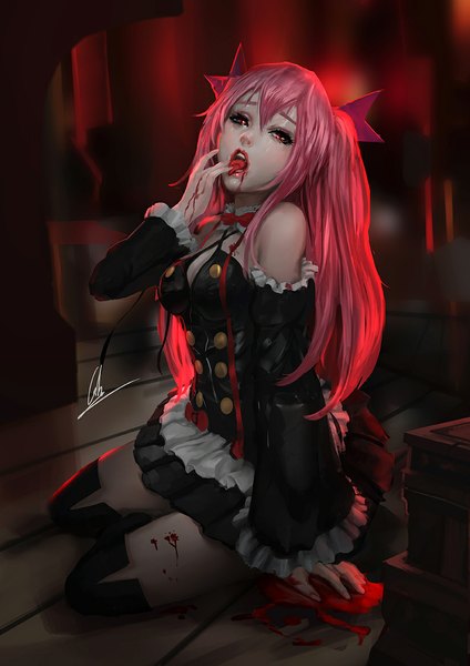 Anime picture 825x1166 with owari no seraph wit studio kururu tepes cglas single long hair tall image looking at viewer open mouth hair between eyes red eyes bare shoulders pink hair vampire girl dress detached sleeves boots tongue blood