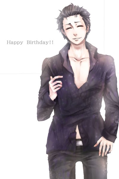 Anime picture 2250x3388 with el shaddai lucifel (el shaddai) single tall image highres short hair black hair simple background smile white background eyes closed inscription open clothes open shirt hand on hip happy birthday boy