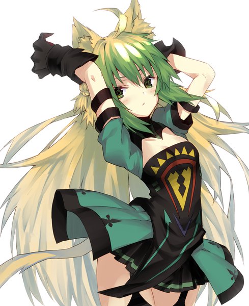 Anime picture 1254x1538 with fate (series) fate/grand order fate/apocrypha atalanta (fate) nuqura single long hair tall image looking at viewer blush fringe breasts simple background blonde hair hair between eyes standing white background green eyes animal ears payot