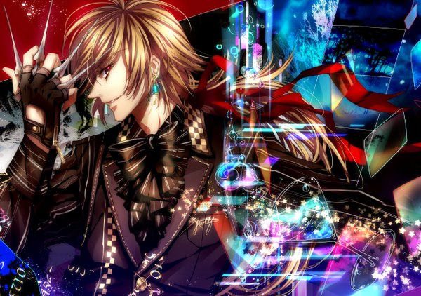 Anime picture 2480x1748 with original yutif (artist) long hair highres blonde hair red eyes tail profile boy gloves ribbon (ribbons) weapon earrings fingerless gloves star (stars) neckerchief dagger