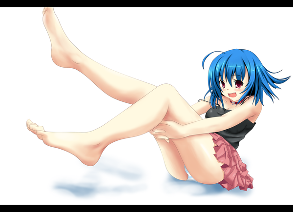 Anime picture 3508x2544 with original paradaisukingu single highres short hair open mouth light erotic simple background red eyes white background blue hair absurdres ahoge barefoot bare legs pantyshot legs pantyshot sitting girl