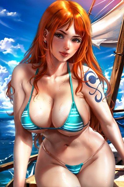 Anime picture 2756x4134 with one piece toei animation nami (one piece) logan cure single long hair tall image blush highres breasts light erotic large breasts standing looking away sky cloud (clouds) outdoors orange hair realistic arm support