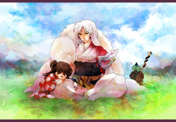 Anime picture 1400x970 with inuyasha sesshomaru rin (inuyasha) jaken long hair sitting yellow eyes cloud (clouds) eyes closed facial mark sleeping crescent face paint girl boy weapon plant (plants) sword katana grass