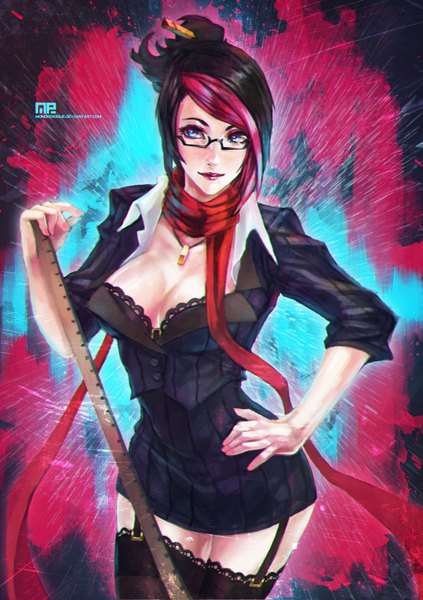 Anime picture 2476x3508 with league of legends fiora (league of legends) monori rogue tall image highres short hair breasts light erotic black hair pink hair multicolored hair lips two-tone hair streaked hair hand on hip teacher thighhighs skirt black thighhighs glasses