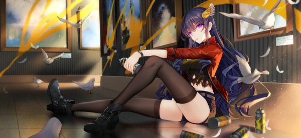 Anime picture 2340x1080 with witch's weapon bison cangshu single long hair looking at viewer fringe highres breasts light erotic black hair hair between eyes wide image sitting purple eyes holding indoors open clothes torn clothes girl thighhighs