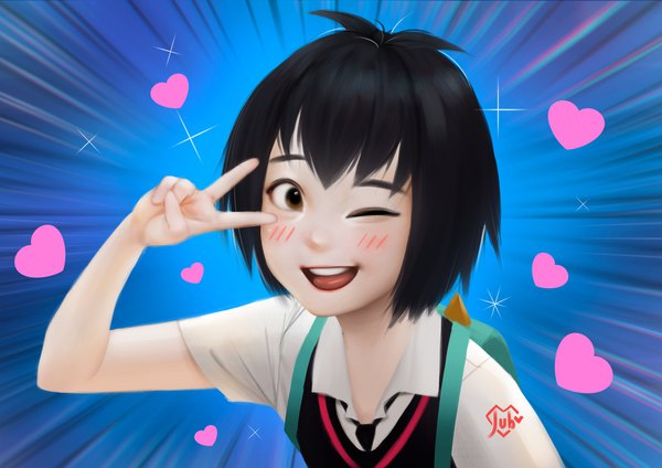 Anime picture 1920x1357 with marvel comics spider-man (series) spider-man: into the spider-verse peni parker jubi (regiana) single looking at viewer blush fringe highres short hair open mouth black hair smile brown eyes signed one eye closed wink victory blue background
