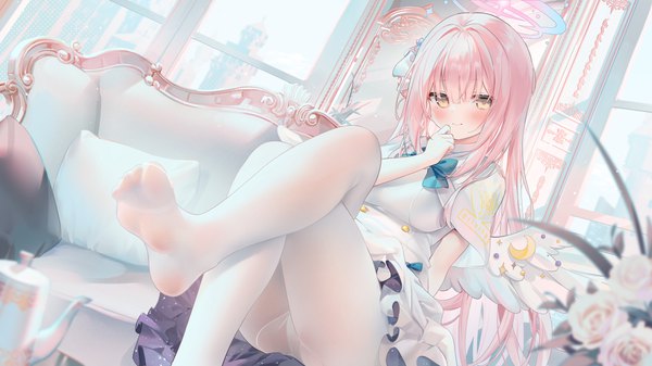 Anime picture 3825x2150 with blue archive mika (blue archive) chen bin single long hair looking at viewer blush fringe highres light erotic smile wide image sitting yellow eyes payot pink hair absurdres indoors blunt bangs blurry