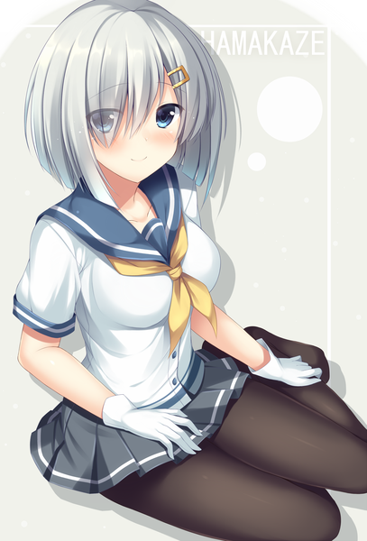 Anime picture 1373x2025 with kantai collection hamakaze destroyer tomoo (tomo) single tall image looking at viewer blush short hair blue eyes smile white hair girl skirt gloves pantyhose white gloves black pantyhose sailor suit