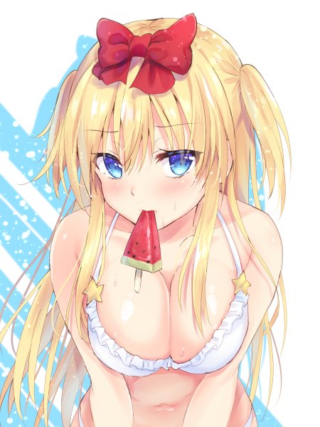 Anime picture 900x1200 with original nagare yoshimi single long hair tall image looking at viewer blush fringe breasts blue eyes light erotic blonde hair simple background hair between eyes large breasts standing bare shoulders holding cleavage two side up