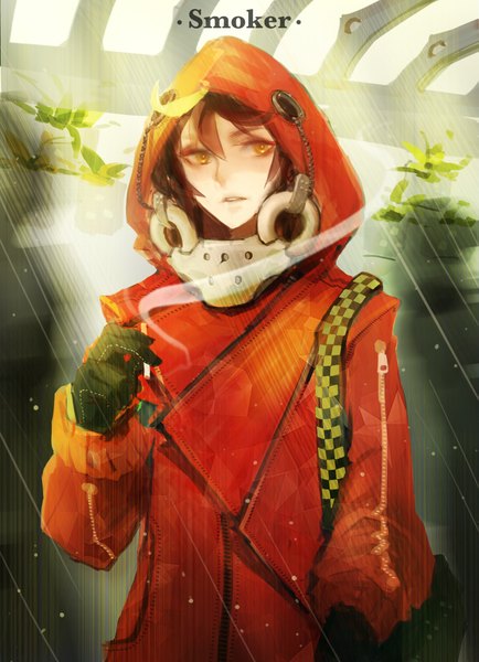 Anime picture 1575x2177 with original sai ichirou single tall image short hair brown hair yellow eyes looking away sunlight inscription smoke boy gloves plant (plants) black gloves hood cigarette zipper