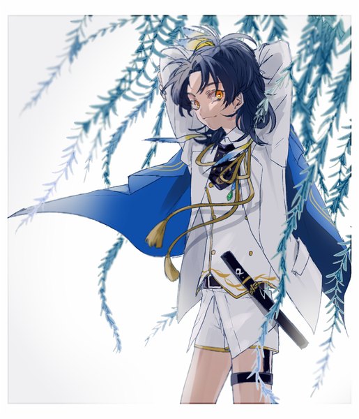 Anime picture 760x886 with touken ranbu nitroplus taikogane sadamune maru0one single long hair tall image simple background standing blue hair looking away ponytail orange eyes shaded face arms behind head framed boy uniform weapon plant (plants)