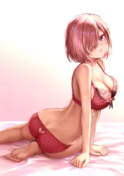 Anime picture 4891x6943 with fate (series) fate/grand order mash kyrielight mashuu (neko no oyashiro) single tall image looking at viewer blush fringe highres short hair breasts light erotic large breasts sitting pink hair absurdres cleavage purple hair ass