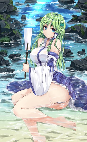 Anime picture 928x1500 with touhou kochiya sanae fule single long hair tall image looking at viewer blue eyes light erotic smile ass barefoot green hair bare legs partially submerged girl underwear panties detached sleeves water