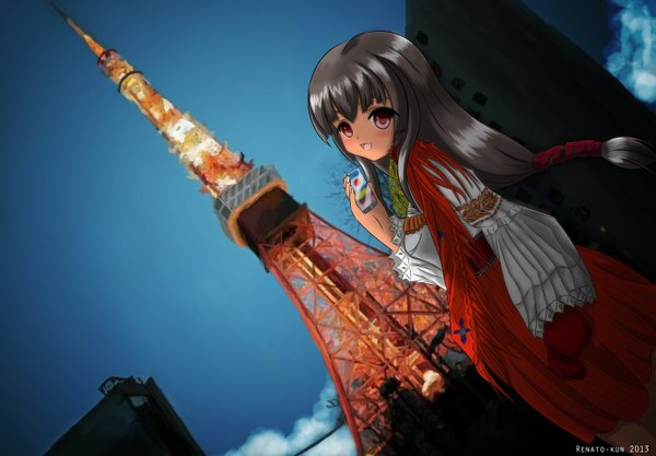 Anime picture 5500x3823 with original renato-kun single long hair looking at viewer blush highres open mouth black hair red eyes absurdres sky cloud (clouds) traditional clothes girl ribbon (ribbons) hair ribbon building (buildings) phone mittens