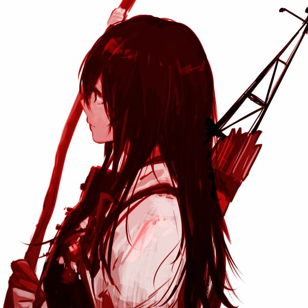 Anime picture 1024x1024 with kantai collection akagi aircraft carrier ankaketeke single long hair black hair simple background white background looking away grey eyes girl weapon armor single glove bow (weapon) arrow (arrows)