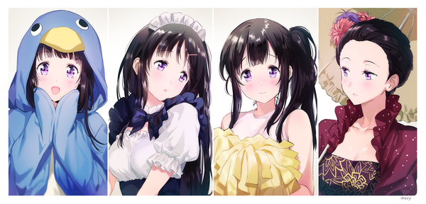 Anime picture 2000x962 with hyouka kyoto animation chitanda eru mery (yangmalgage) long hair looking at viewer blush fringe highres open mouth black hair simple background smile wide image white background purple eyes :d hair flower :o maid
