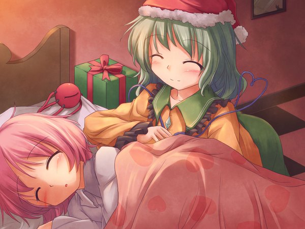 Anime picture 1600x1200 with touhou komeiji koishi komeiji satori lzh blush short hair multiple girls pink hair lying eyes closed green hair fur trim sleeping eyes girl 2 girls fur bed gift santa claus hat