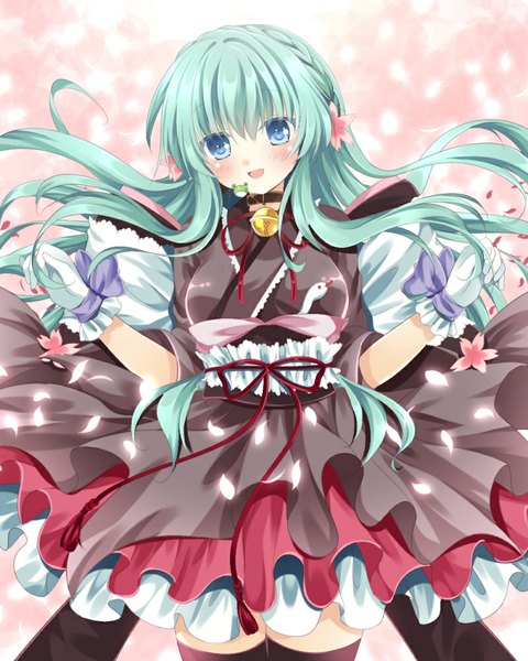 Anime picture 800x1000 with touhou kochiya sanae nogi takayoshi single long hair tall image looking at viewer blush open mouth blue eyes green hair girl thighhighs dress gloves black thighhighs petals frills bell jingle bell