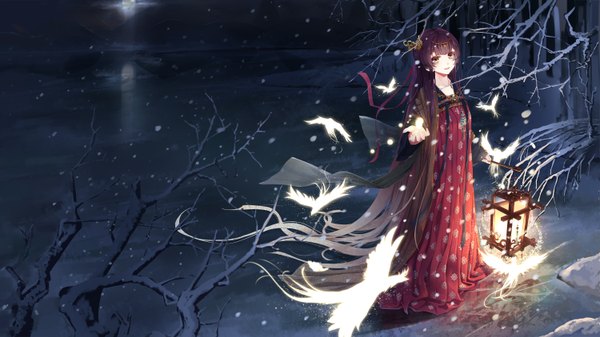 Anime picture 3000x1687 with original wait (artist) single looking at viewer highres black hair wide image brown eyes very long hair from above night light snowing winter snow bare tree girl dress hair ornament plant (plants)