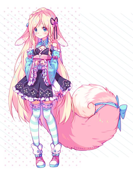 Anime picture 703x900 with original hyanna-natsu single tall image looking at viewer blush blue eyes simple background blonde hair smile standing white background bare shoulders signed animal ears full body tail braid (braids) very long hair animal tail